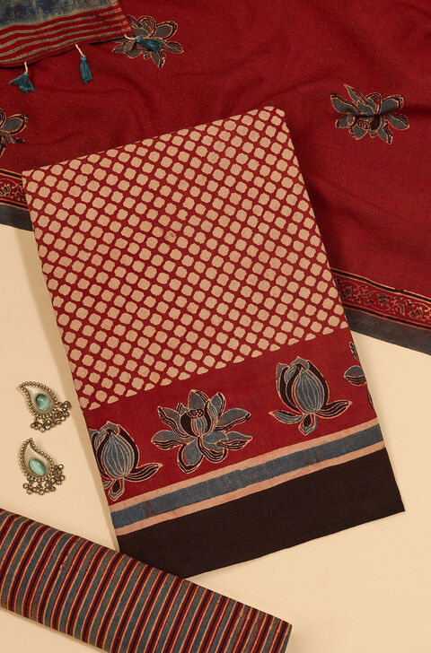 Dark Red Pure Cotton Ajrakh Unstitched Suit Set