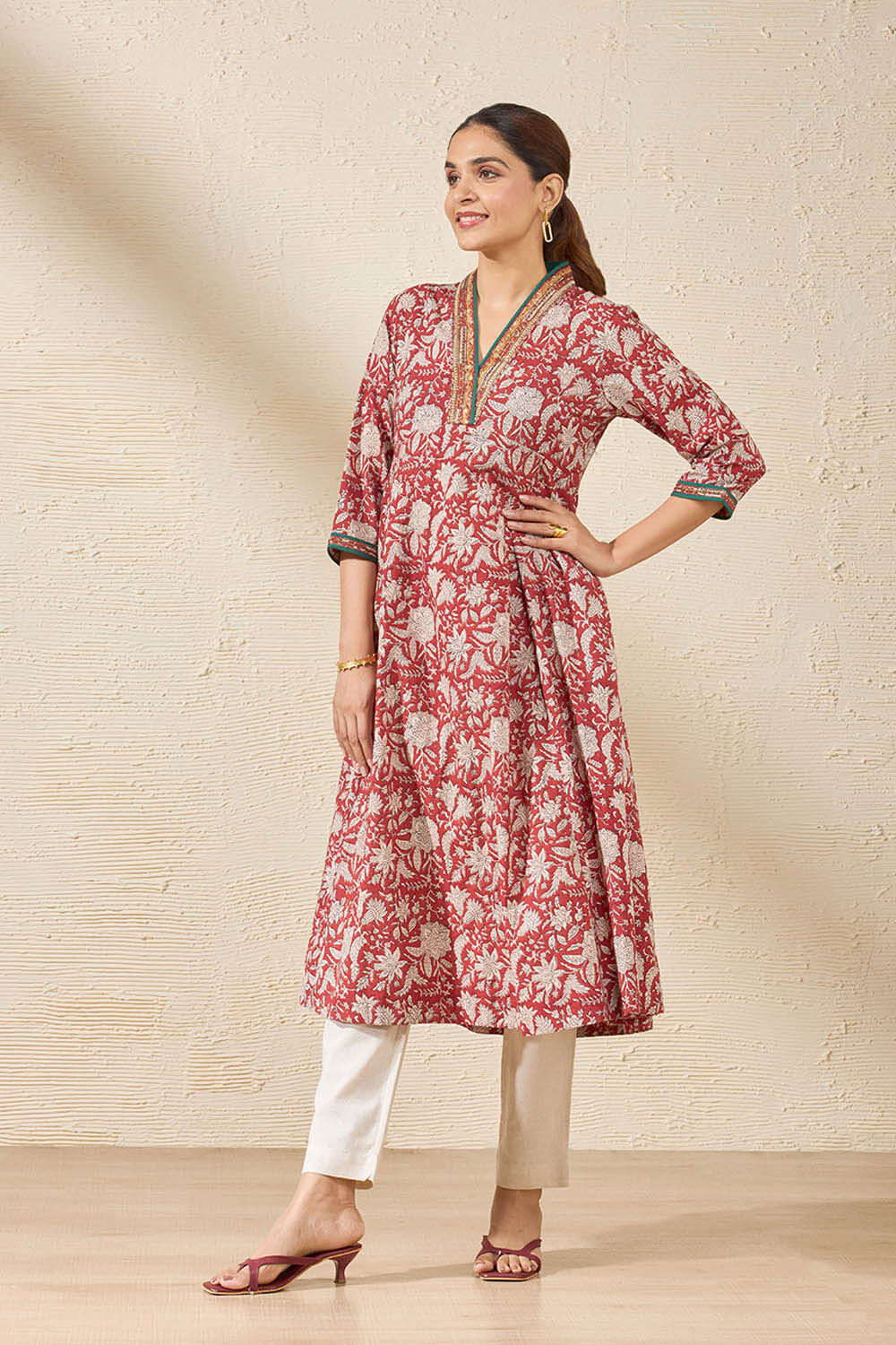 Red Pure Cotton Printed Sanganeri Kurta image number null