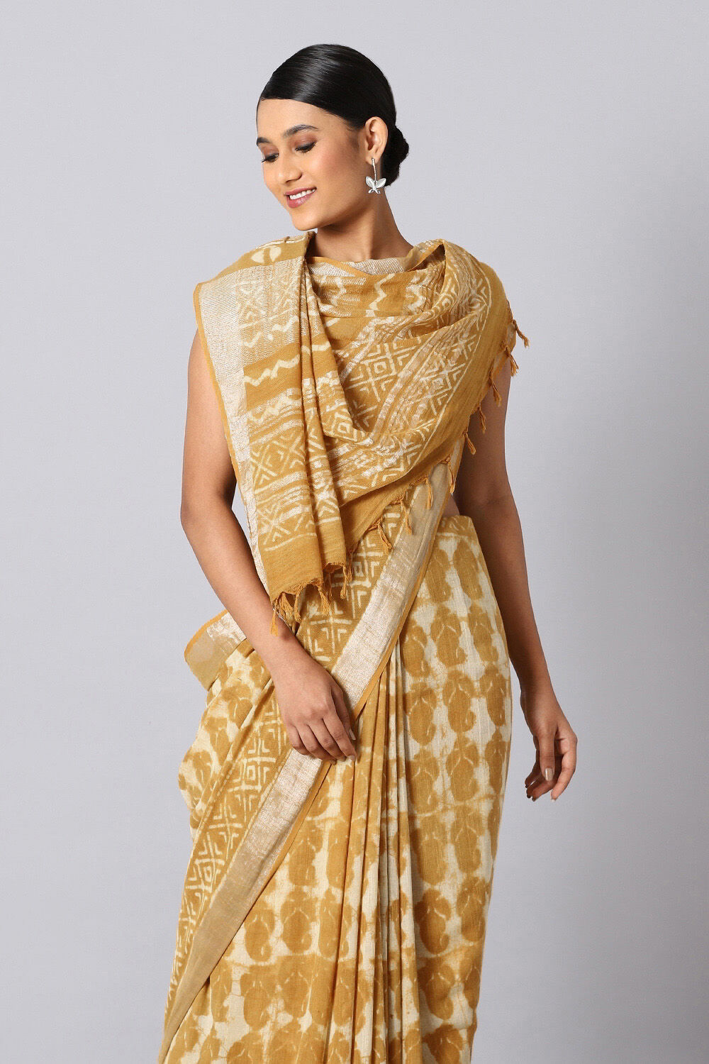 Yellow Pure Cotton Linen Bagru Printed Saree image number null