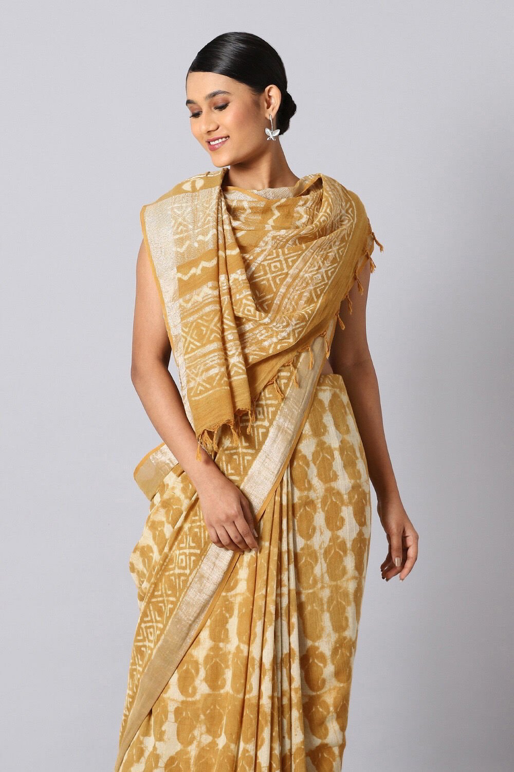 Yellow Pure Cotton Linen Bagru Printed Saree image number null