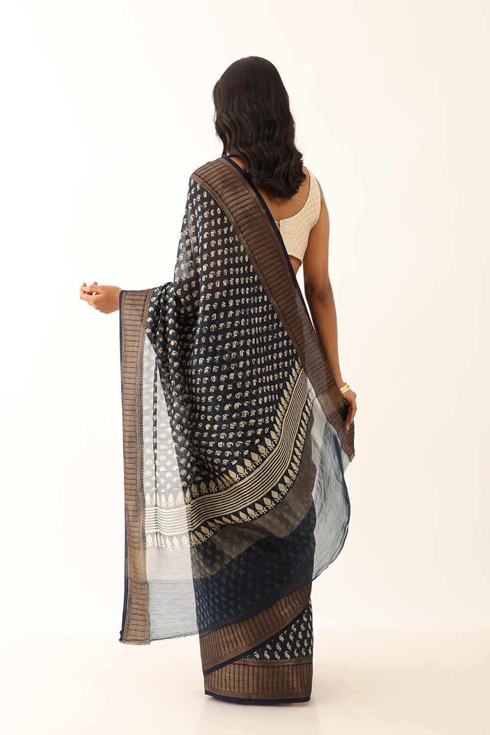 Dark Blue Pure Silk Cotton Block Printed Saree image number null