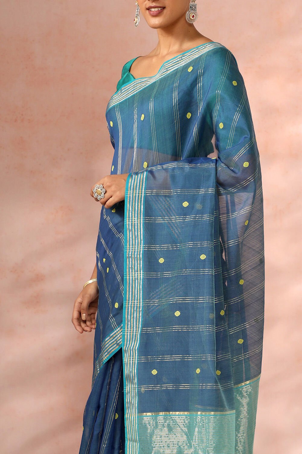 Dark Blue Chanderi Pure Silk Cotton Woven Saree image number null