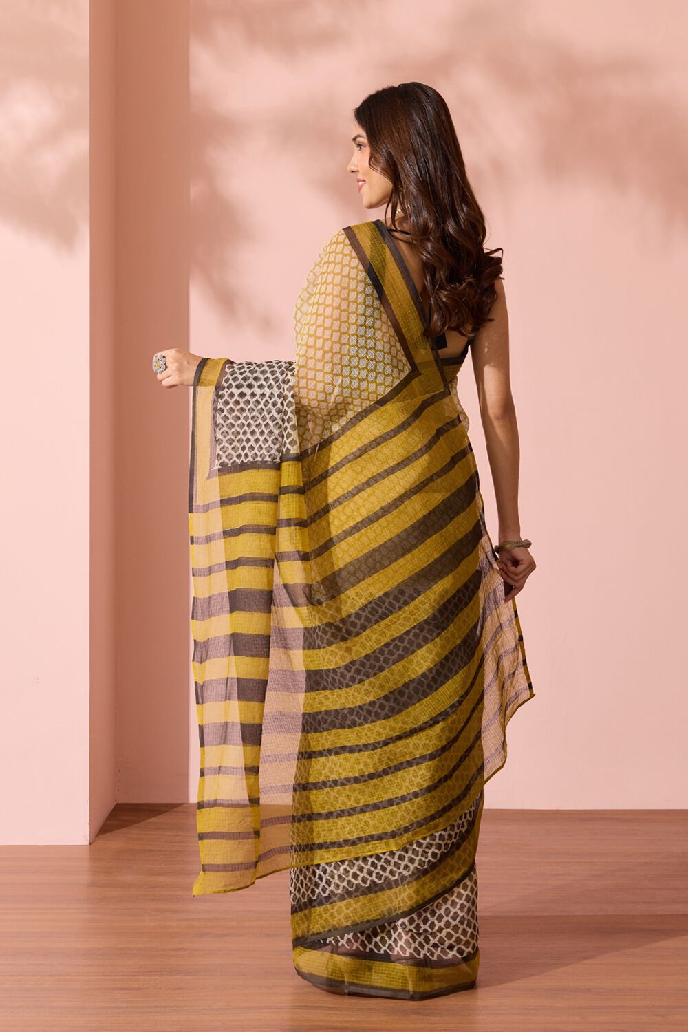 Yellow Bagru Block Printed Pure Cotton Kota Saree image number null