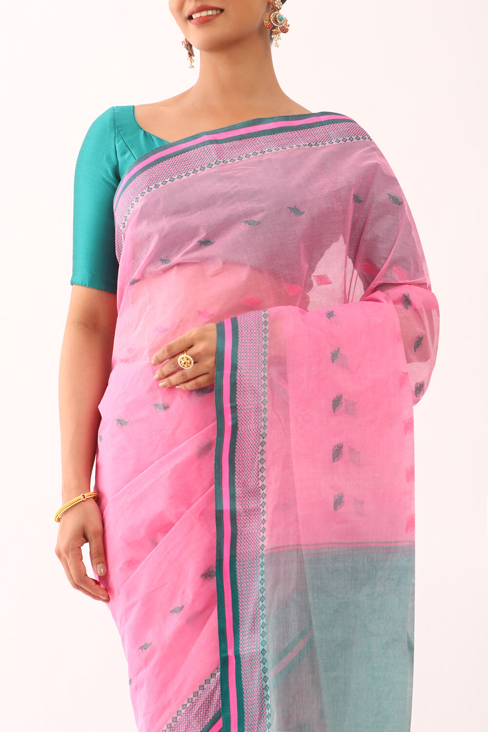 Pink Woven Pure Cotton Bengali Saree image number null