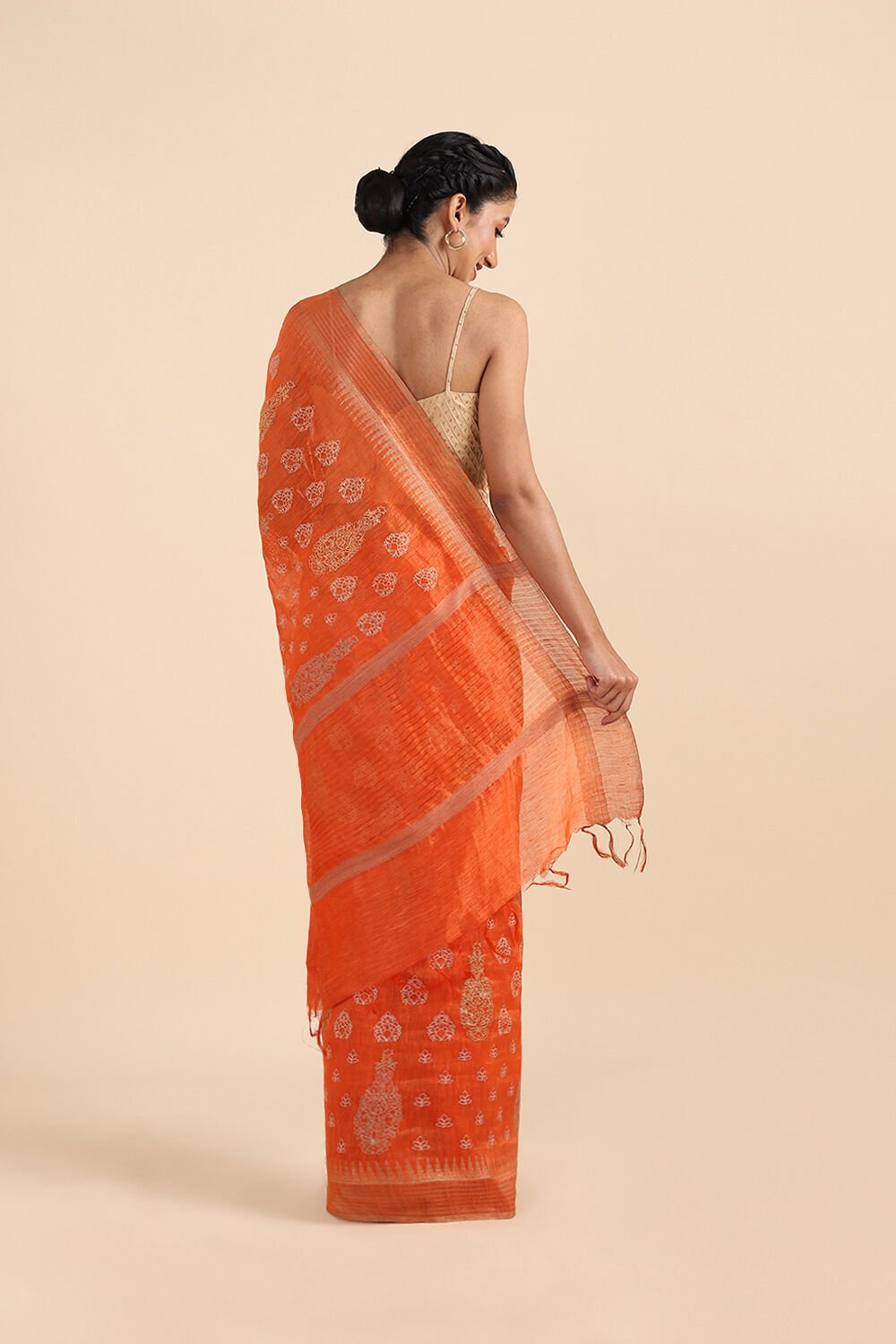 Dark Orange Pure Silk Linen Embroidered Saree image number null