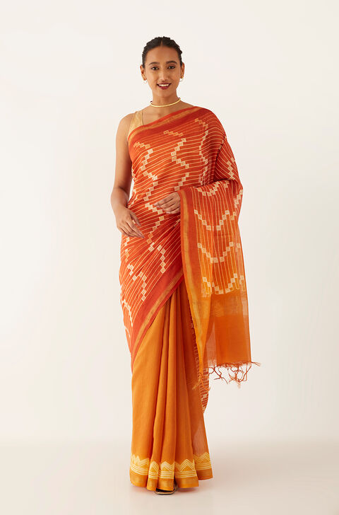 Orange Pure Silk Cotton Shibori Saree