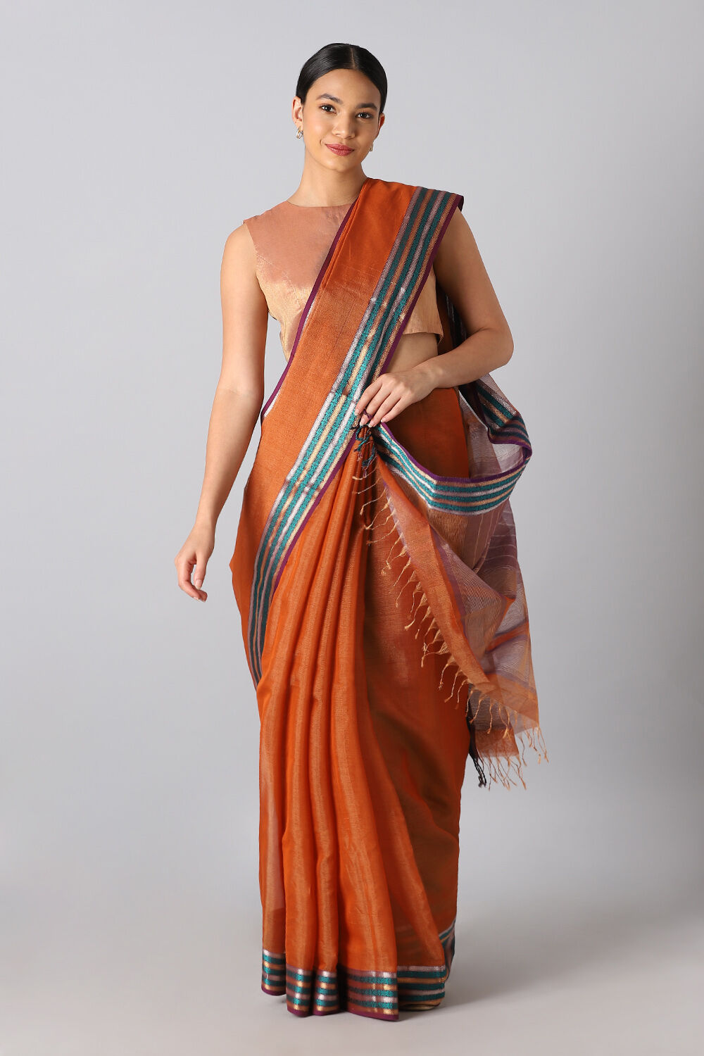 Dark Orange Pure Cotton Tissue Maheswari Saree image number null