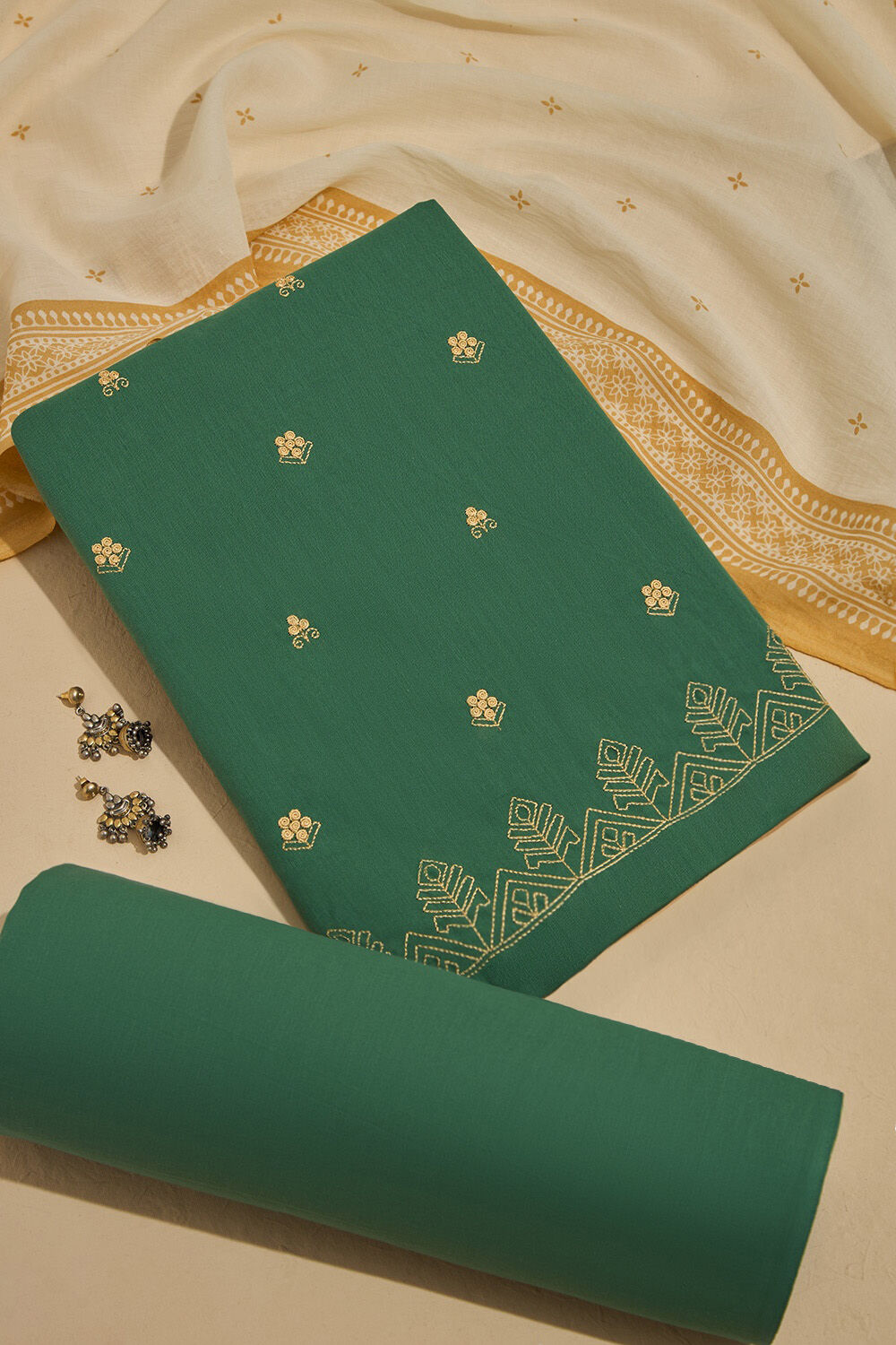Dark Green Pure Cotton Embroidered Unstitched Suit Set Taneira Online