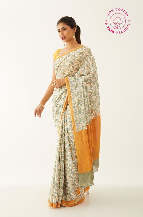 Light Green Pure Cotton Mulmul Printed Bengali Saree
