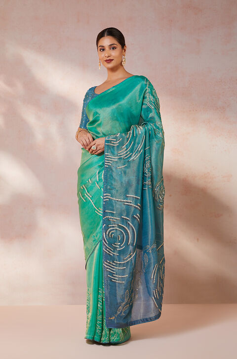 Blue Viscose Tissue Embroidery Saree