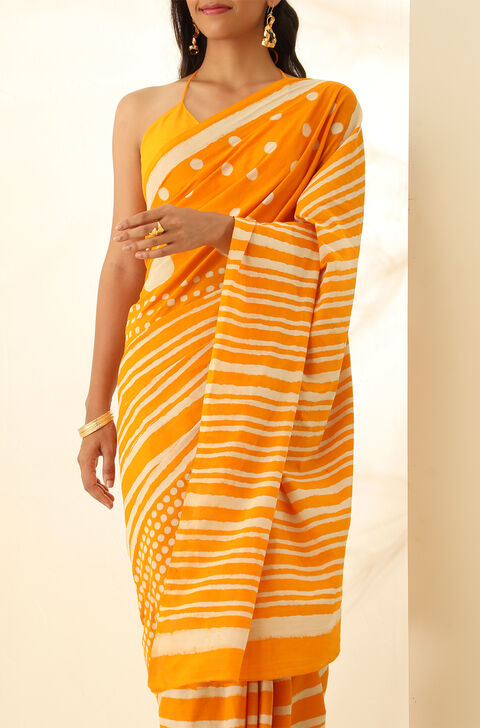 Yellow Pure Cotton Bagru Block Printed Saree