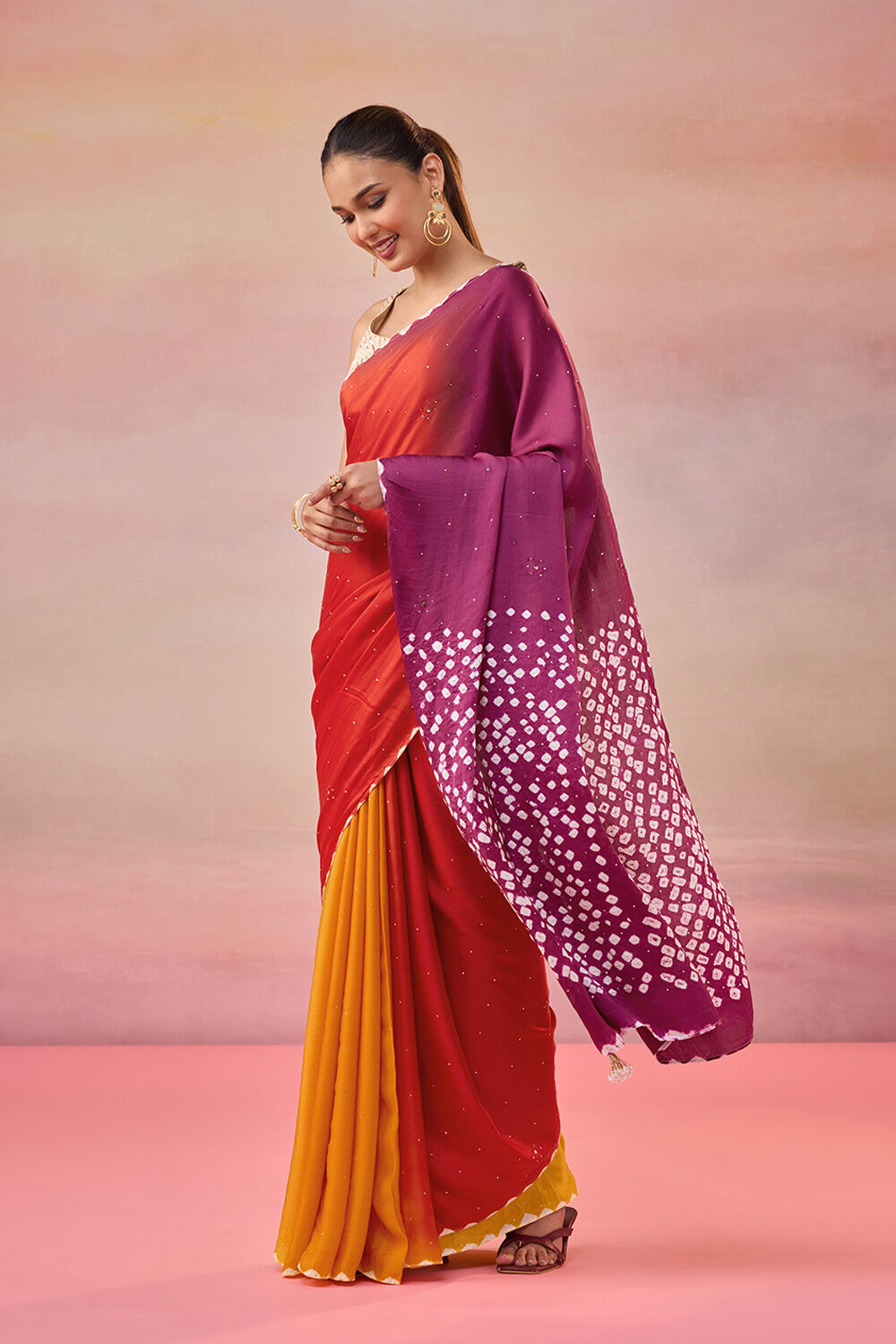 Orange Gujarat Pure Satin Tie & Dye Mukaish Saree image number null