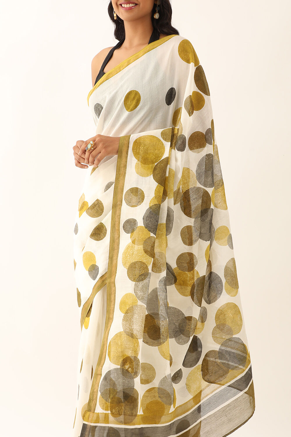 Off White Pure Silk Cotton Block Printed Saree image number null