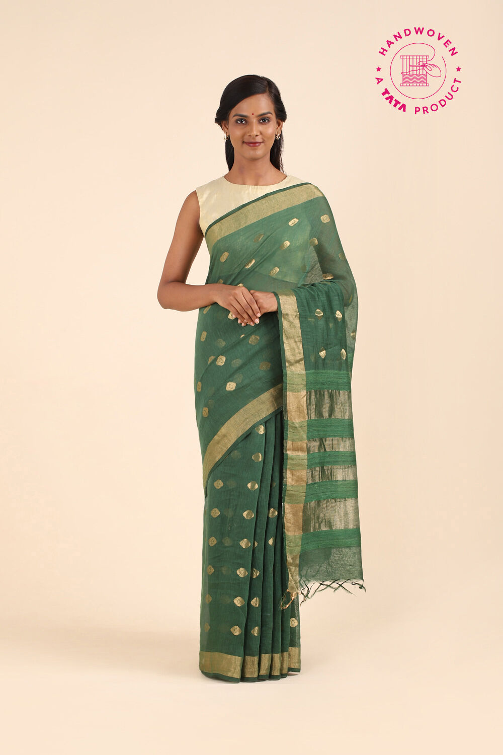 Dark Green Pure Silk Linen Bengal Saree image number null
