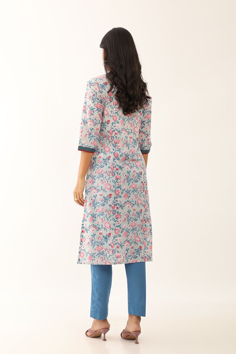 Grey Pure Cotton Block Printed Kurta with Embroidery image number null
