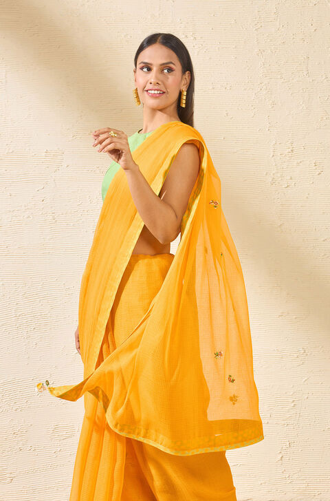 Yellow Pure Kota Embroidered Saree