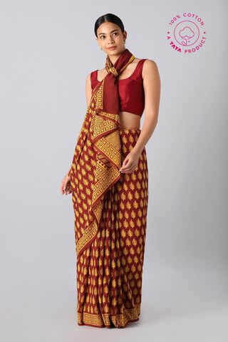 Red Pure Cotton Bagh Printed Saree image number