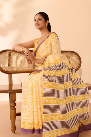 Light Yellow Mulmul Block Printed Bengal Saree image number