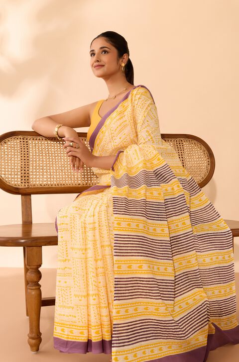 Light Yellow Mulmul Block Printed Bengal Saree