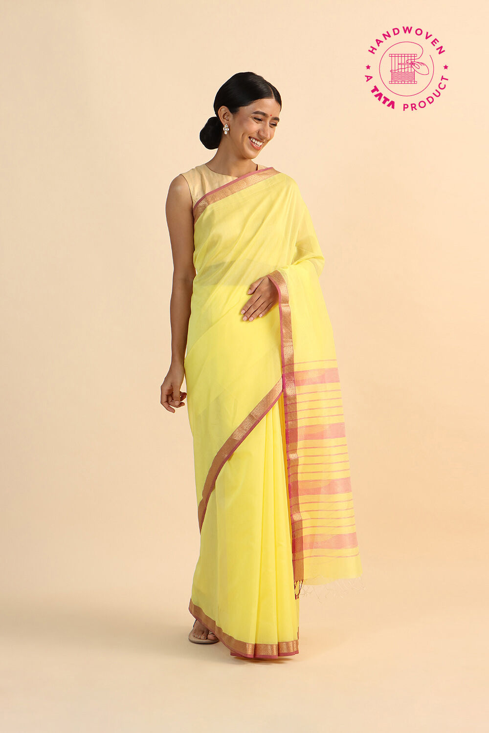 Yellow Pure Silk Cotton Maheswari Saree image number null