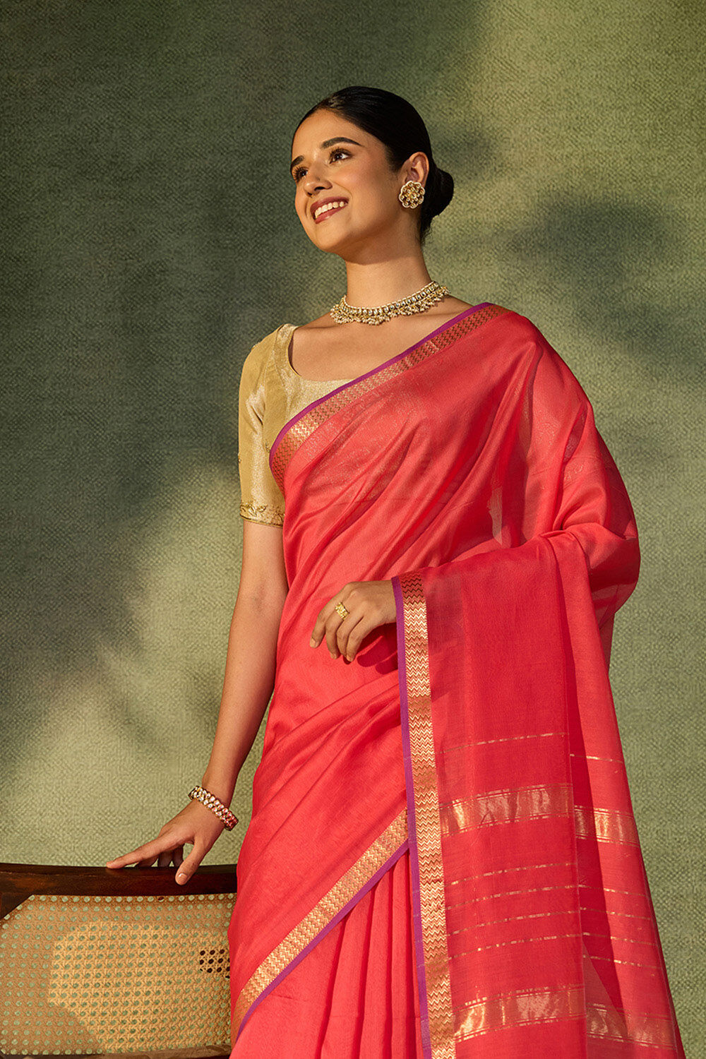 Dark Pink Woven Pure Silk Cotton Maheshwari Saree image number null