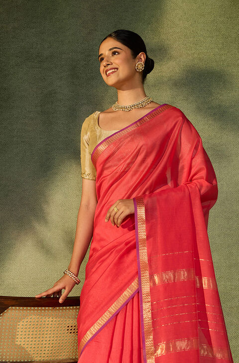 Dark Pink Woven Pure Silk Cotton Maheshwari Saree