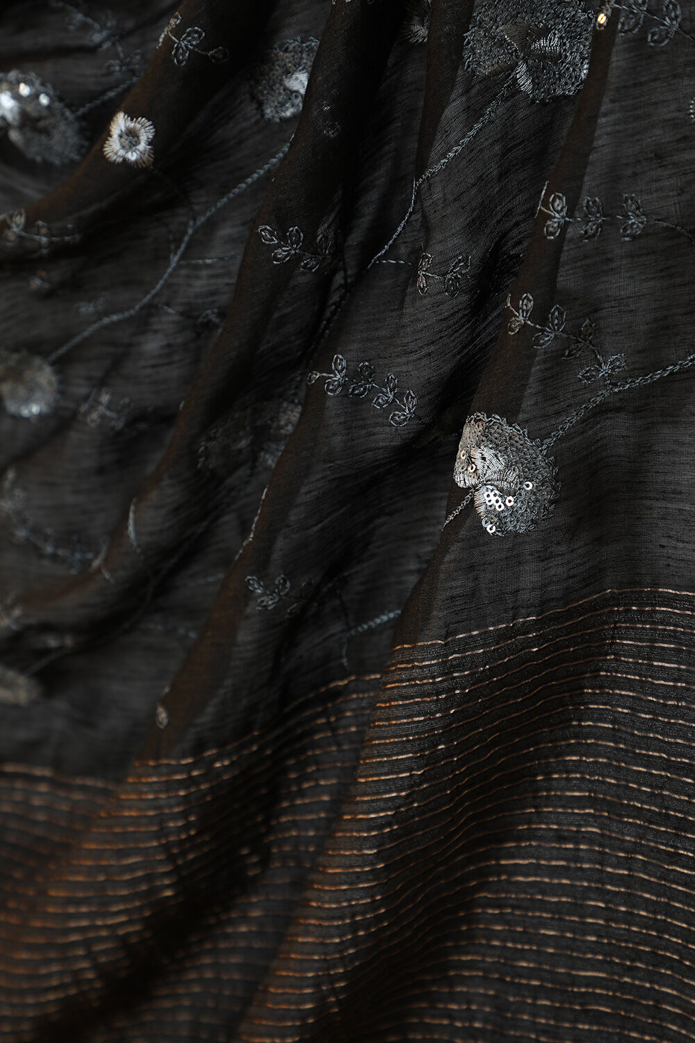 Black Pure Silk Linen Embroidery Bhagalpur Saree image number null
