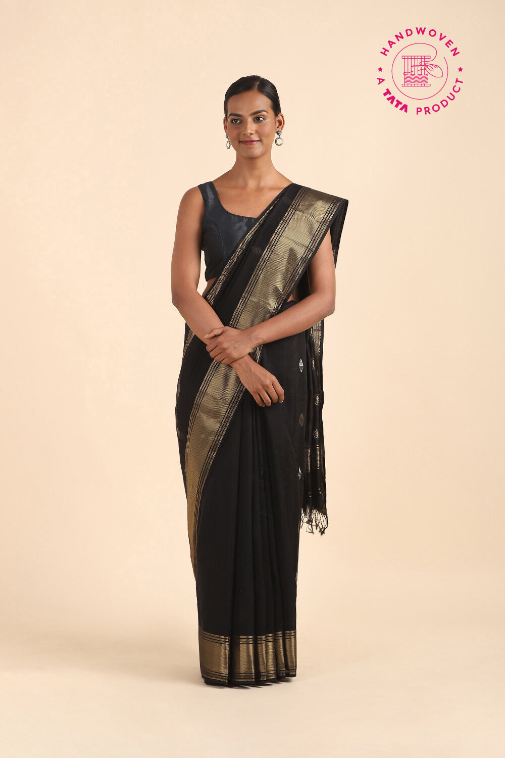 Black Pure Silk Cotton Maheswari Saree image number null