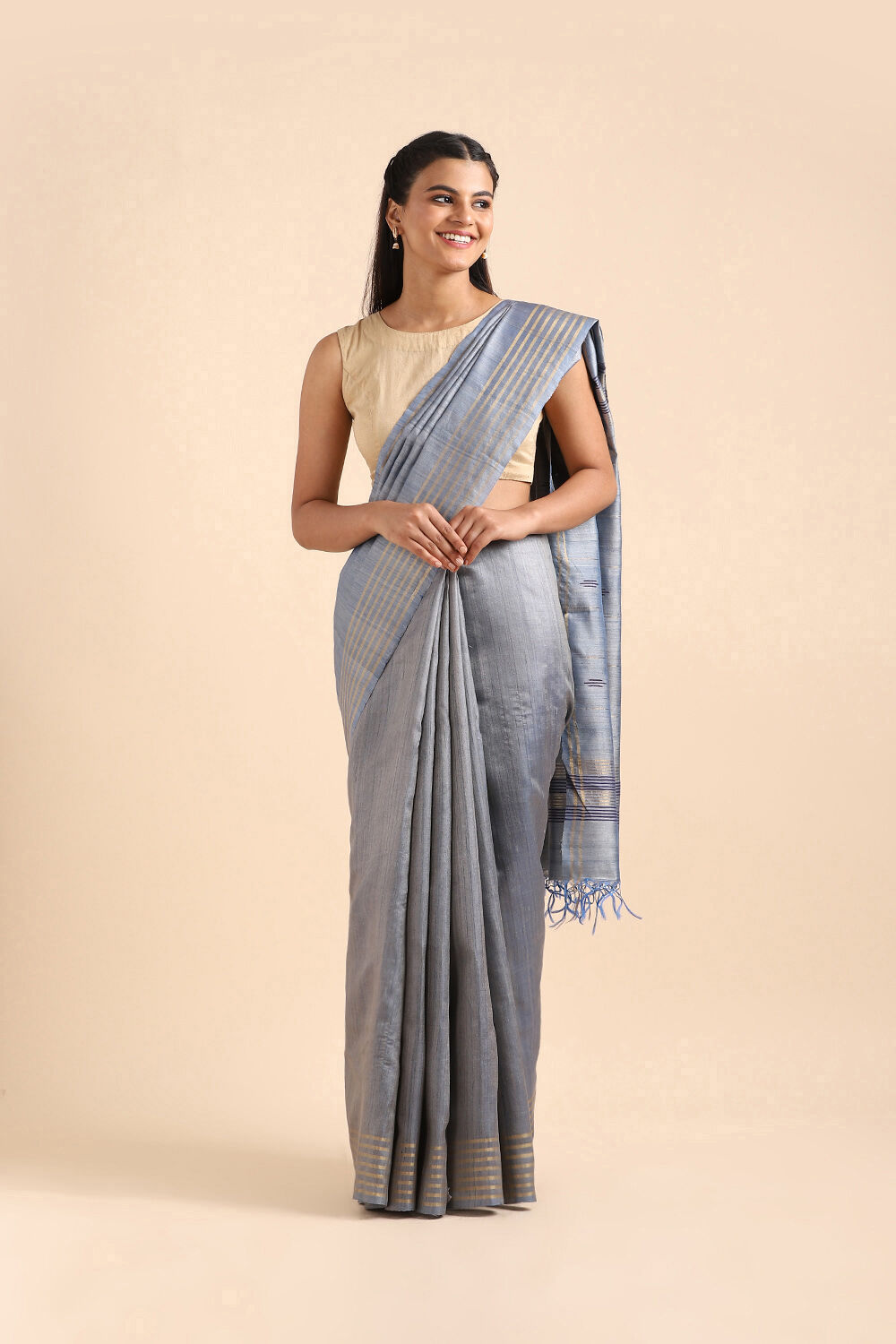 Grey Pure Tussar Bhagalpuri Saree image number null