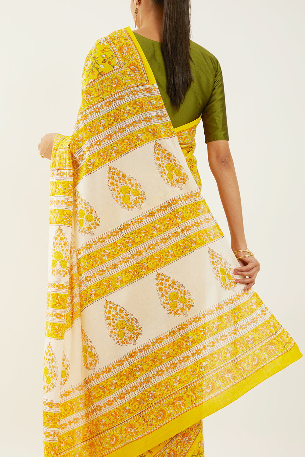 Yellow Pure Cotton Block Print Saree image number null