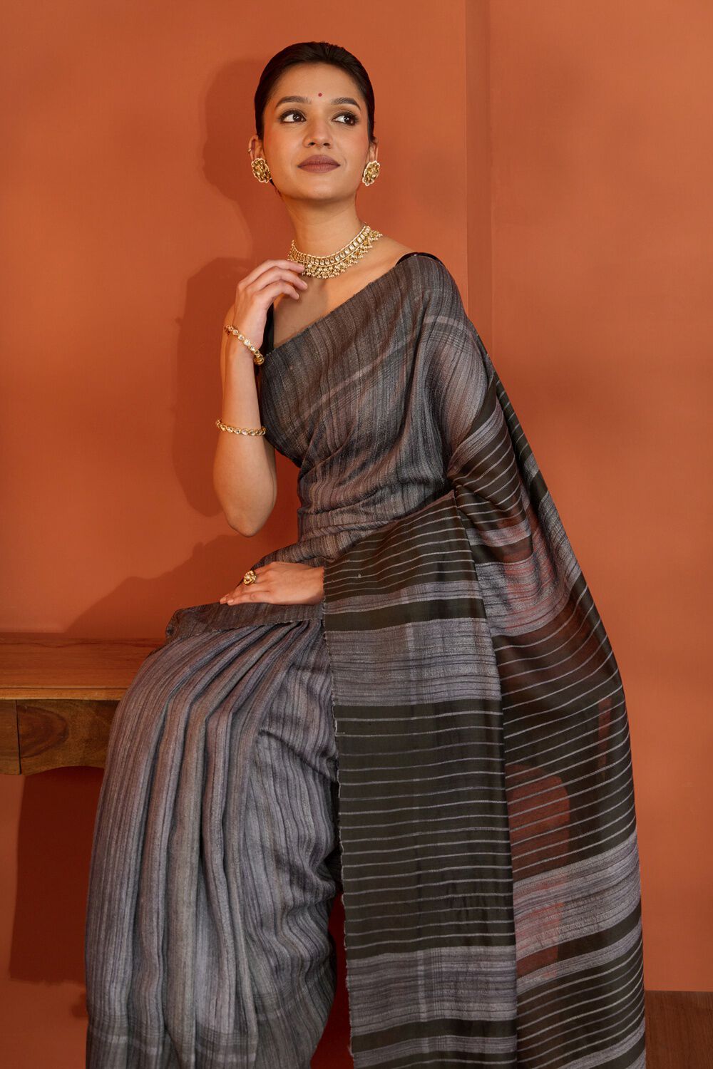 Grey Bhagalpur Woven Pure Tussar Silk Saree image number null
