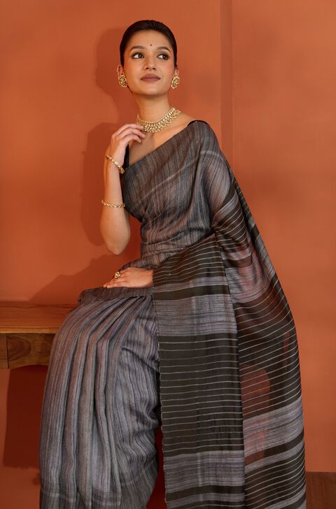 Grey Bhagalpur Woven Pure Tussar Silk Saree