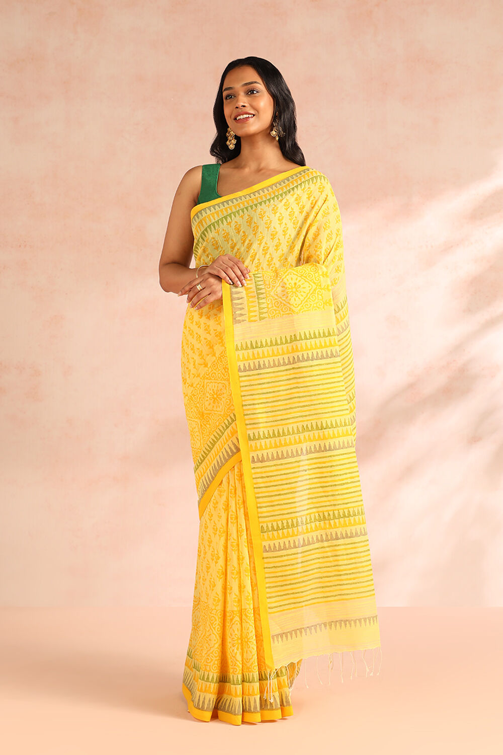 Yellow Printed Bengal Pure Cotton Saree image number null