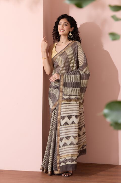 Grey Bagru Dabu Block Printed Pure Silk Cotton Saree