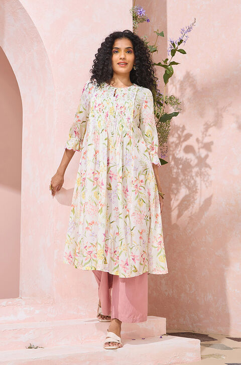 Off White Printed Pure Cotton Kurta