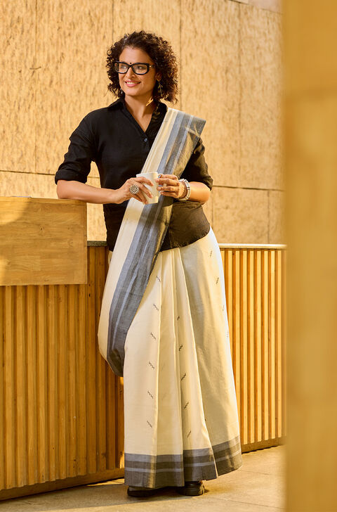 Off White Woven Pure Cotton Bengal Saree