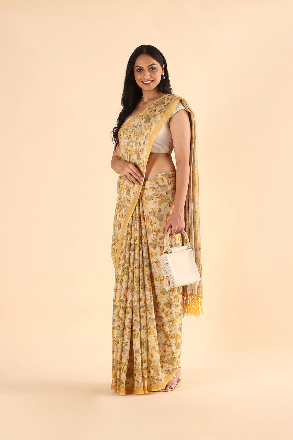 Beige Pure Linen Digital Printed Saree image number null