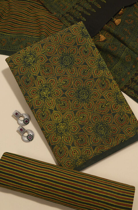 Dark Green Pure Cotton Ajrakh Unstitched Suit Set