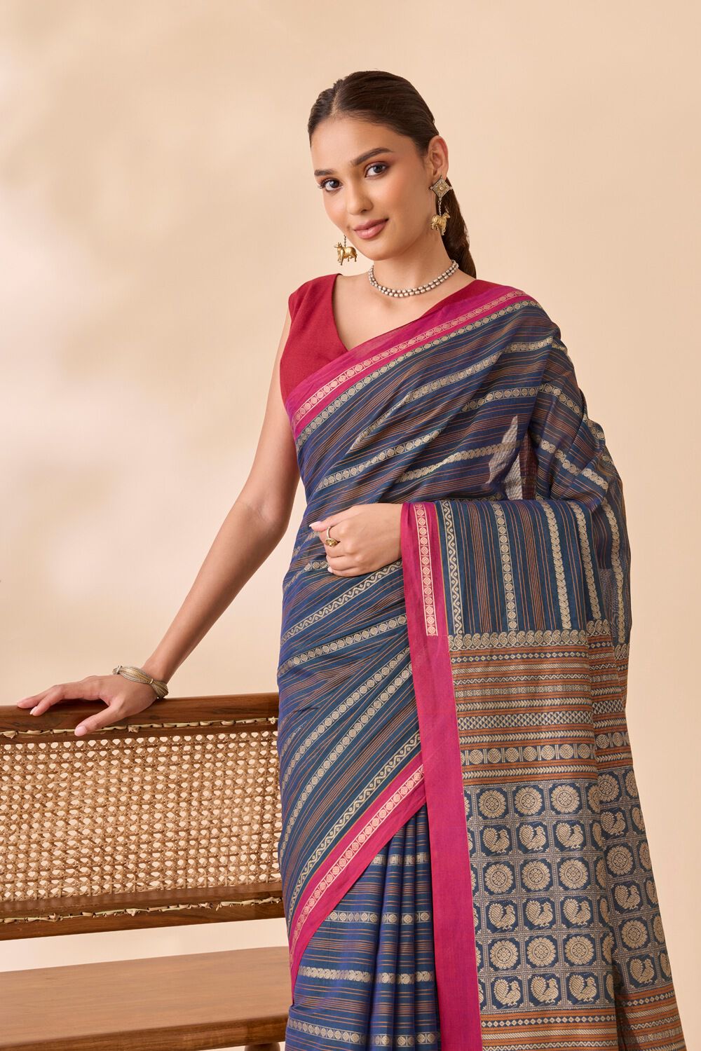 Dark Blue Woven Pure Cotton Saree image number null