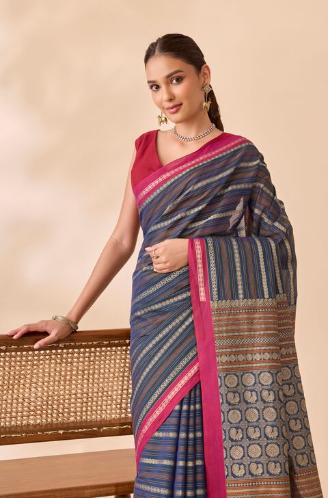 Dark Blue Woven Pure Cotton Saree
