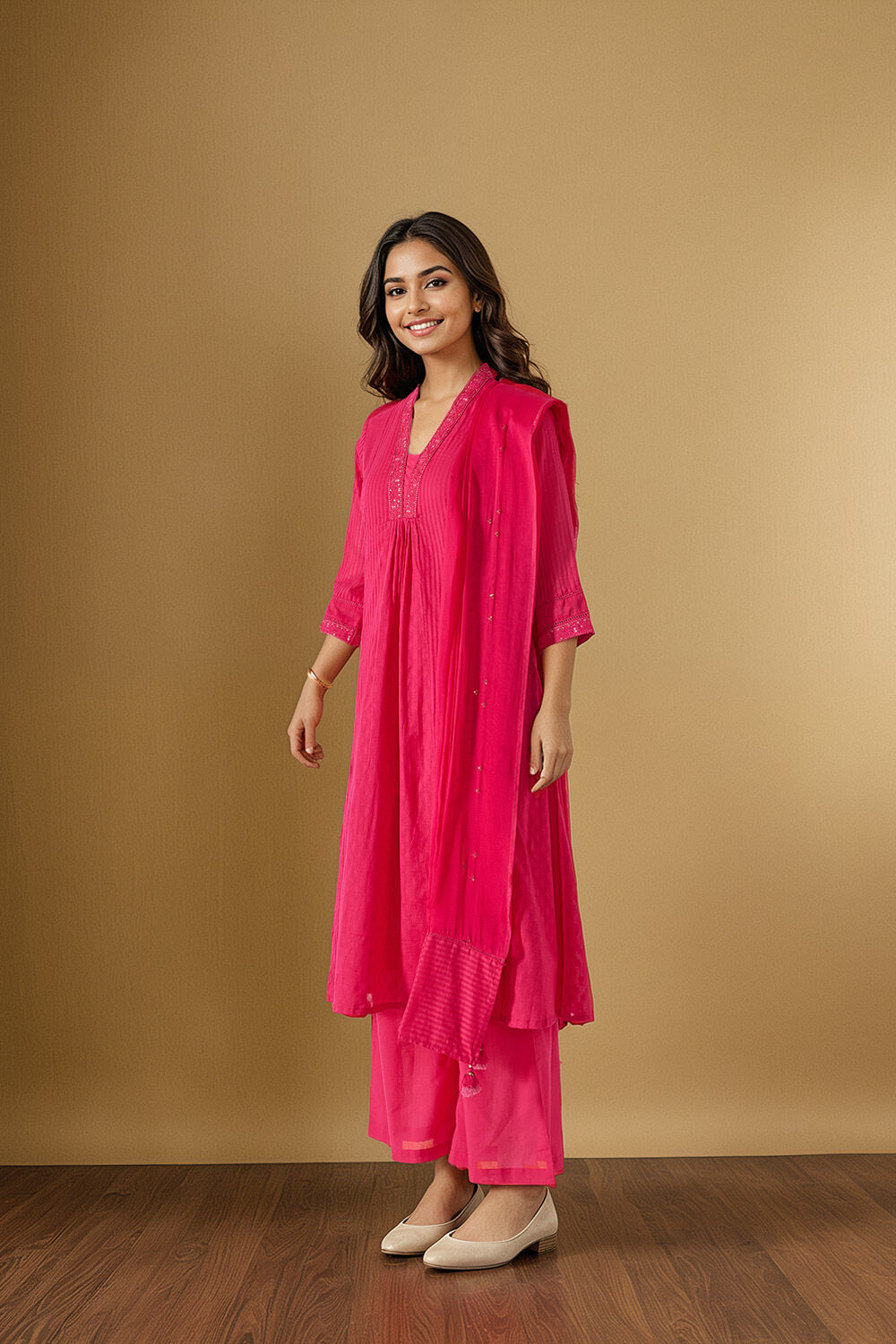 Pink Cotton Viscose Cutwork Kurta Set image number null