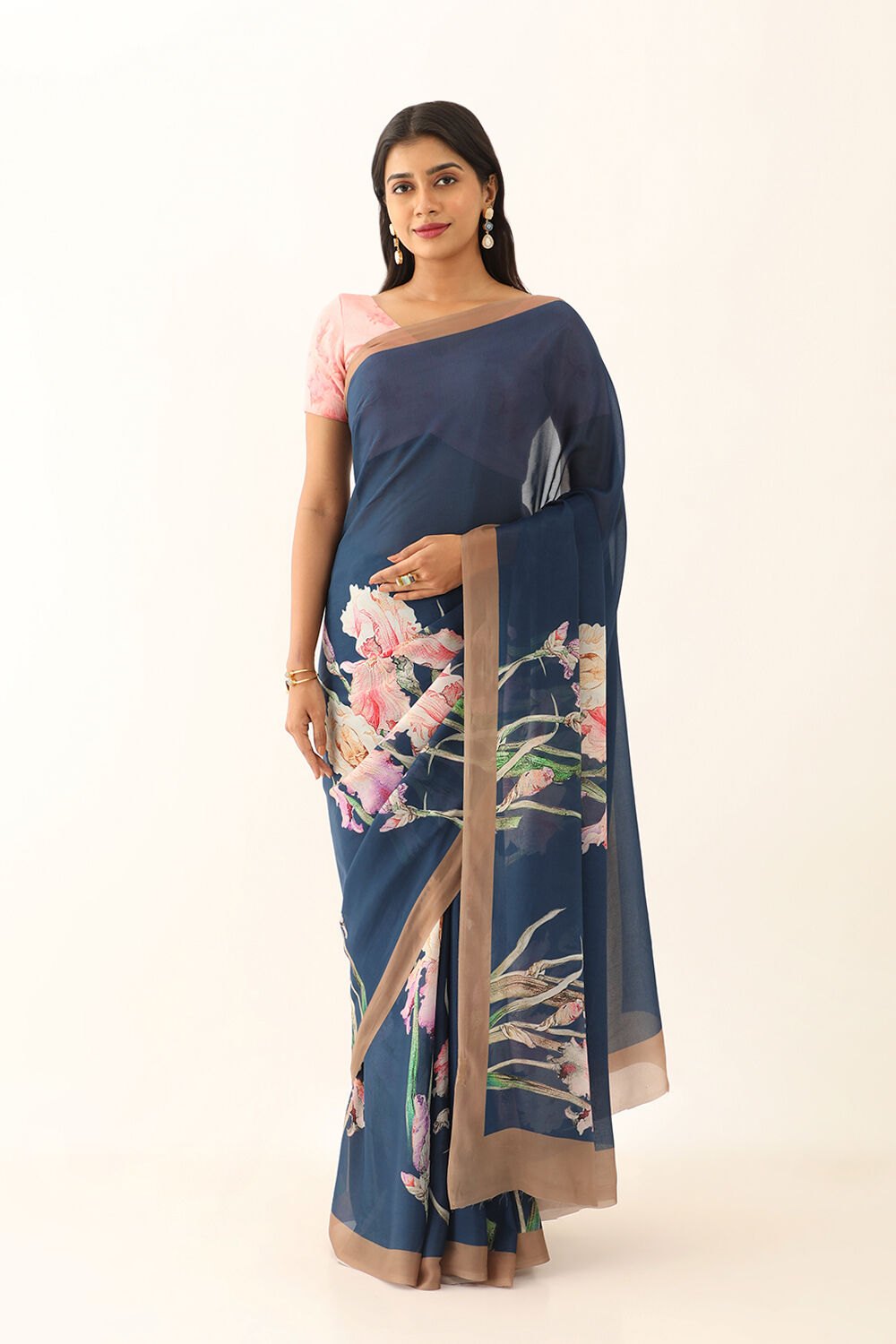 Blue Viscose Crepe Digital Print Saree image number null