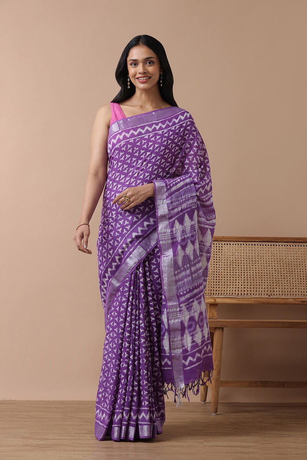 Light Violet Cotton Viscose Rajasthan Block Printed Saree image number null