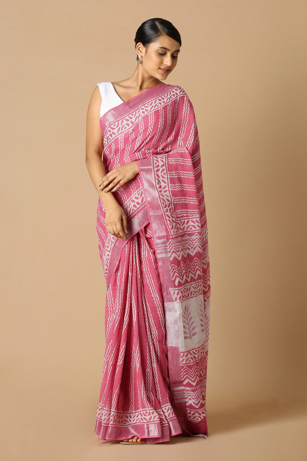 Light Pink Pure Cotton Linen Bagru Printed Saree image number null