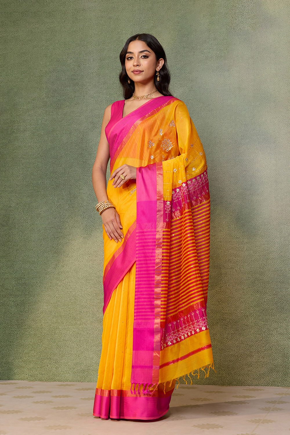 Yellow Rajasthan Pure Silk Cotton Gota Patti Saree image number null