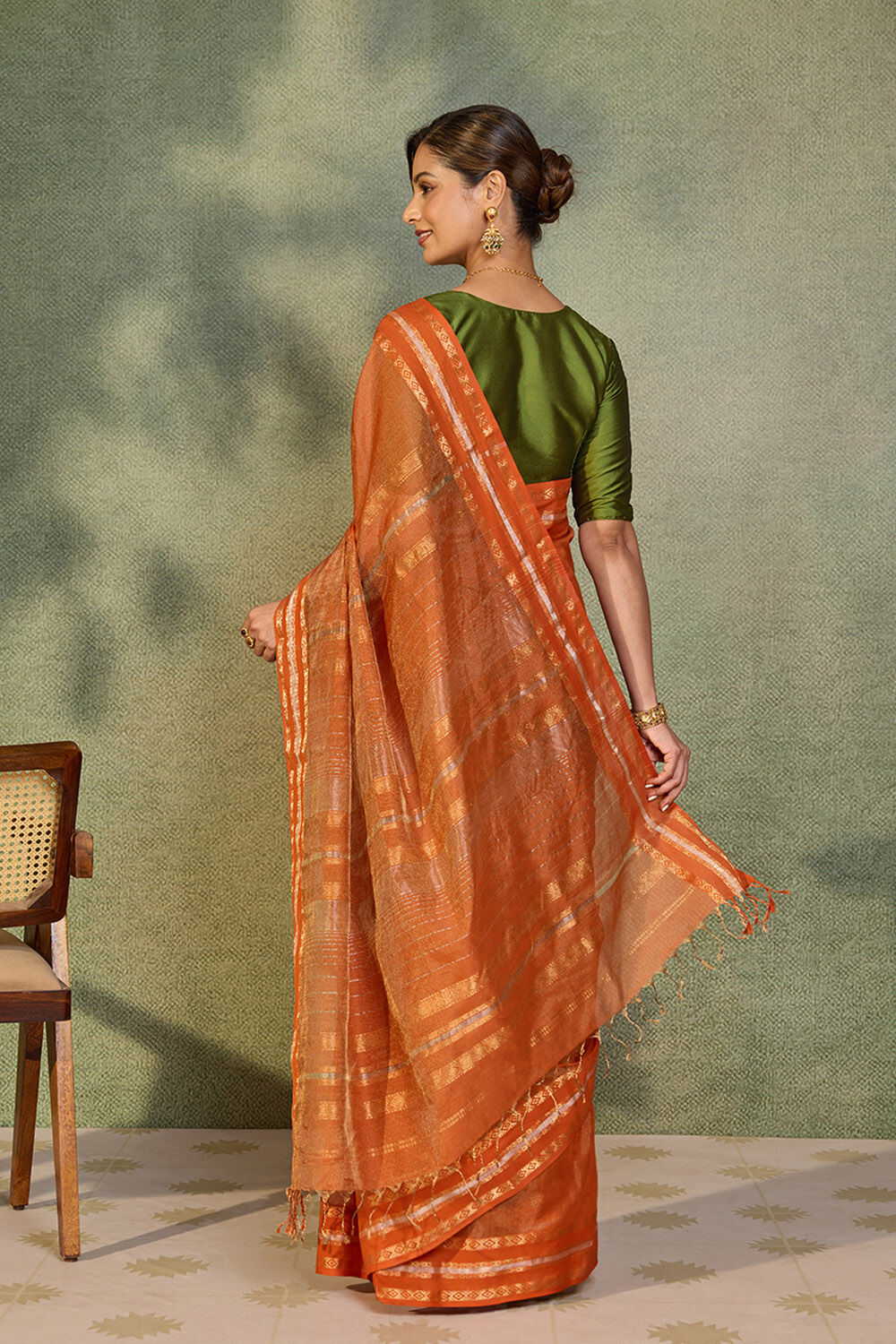Dark Orange Woven Pure Tissue Cotton Maheshwari Saree image number null