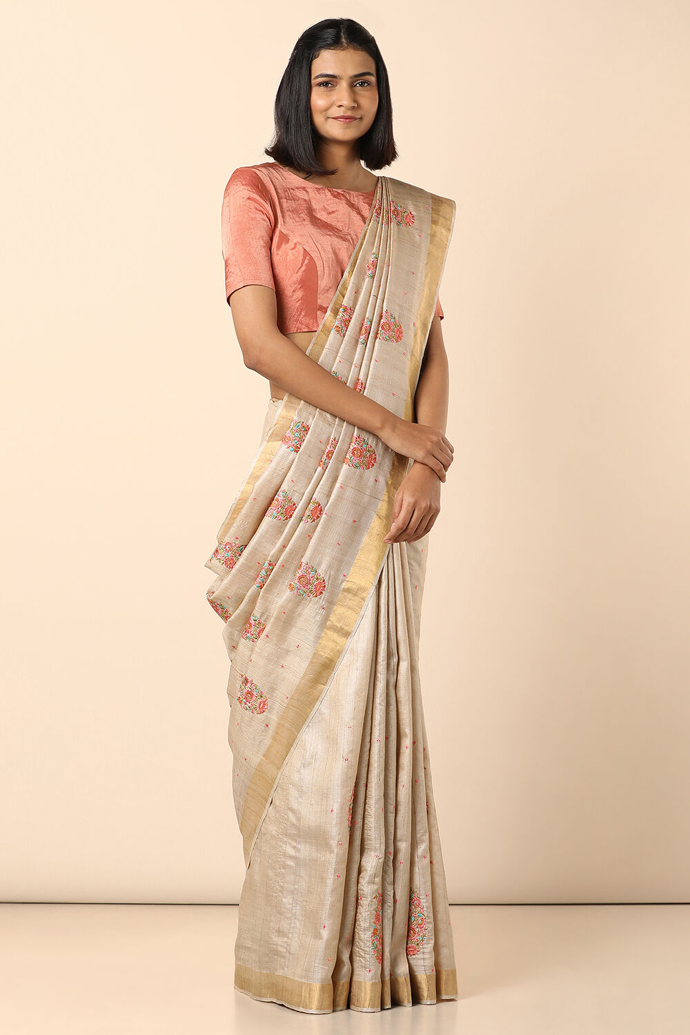 Off White Embroidered Pure Tussar Saree image number null