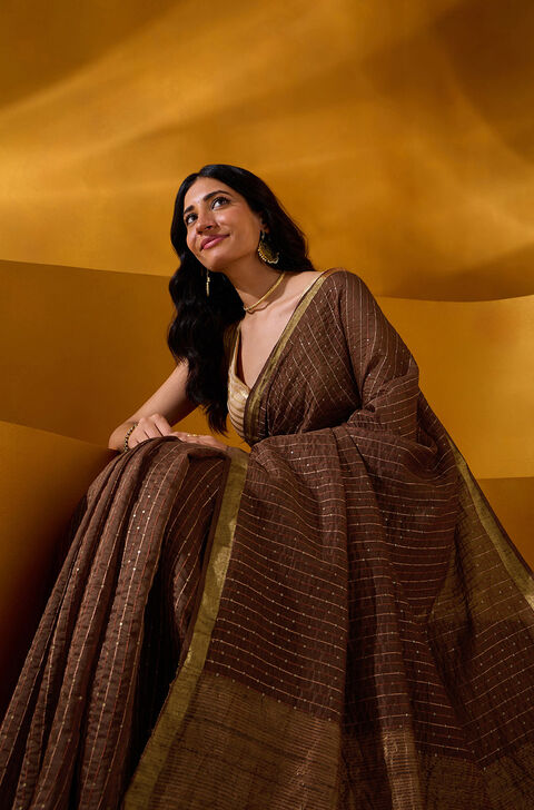 Brown Pure Silk Linen Embroidered Saree