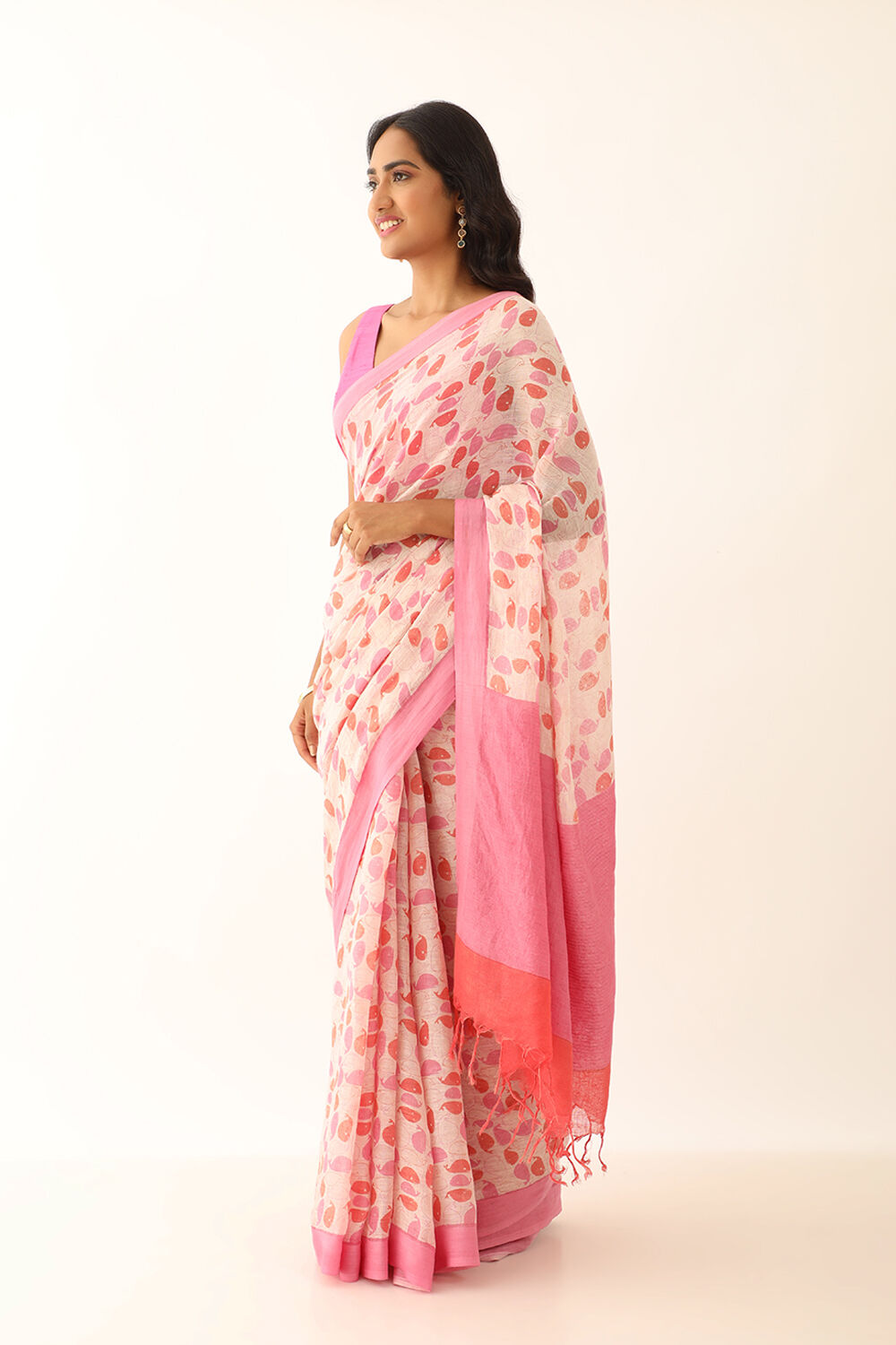 Off White Pure Linen Printed Saree image number null