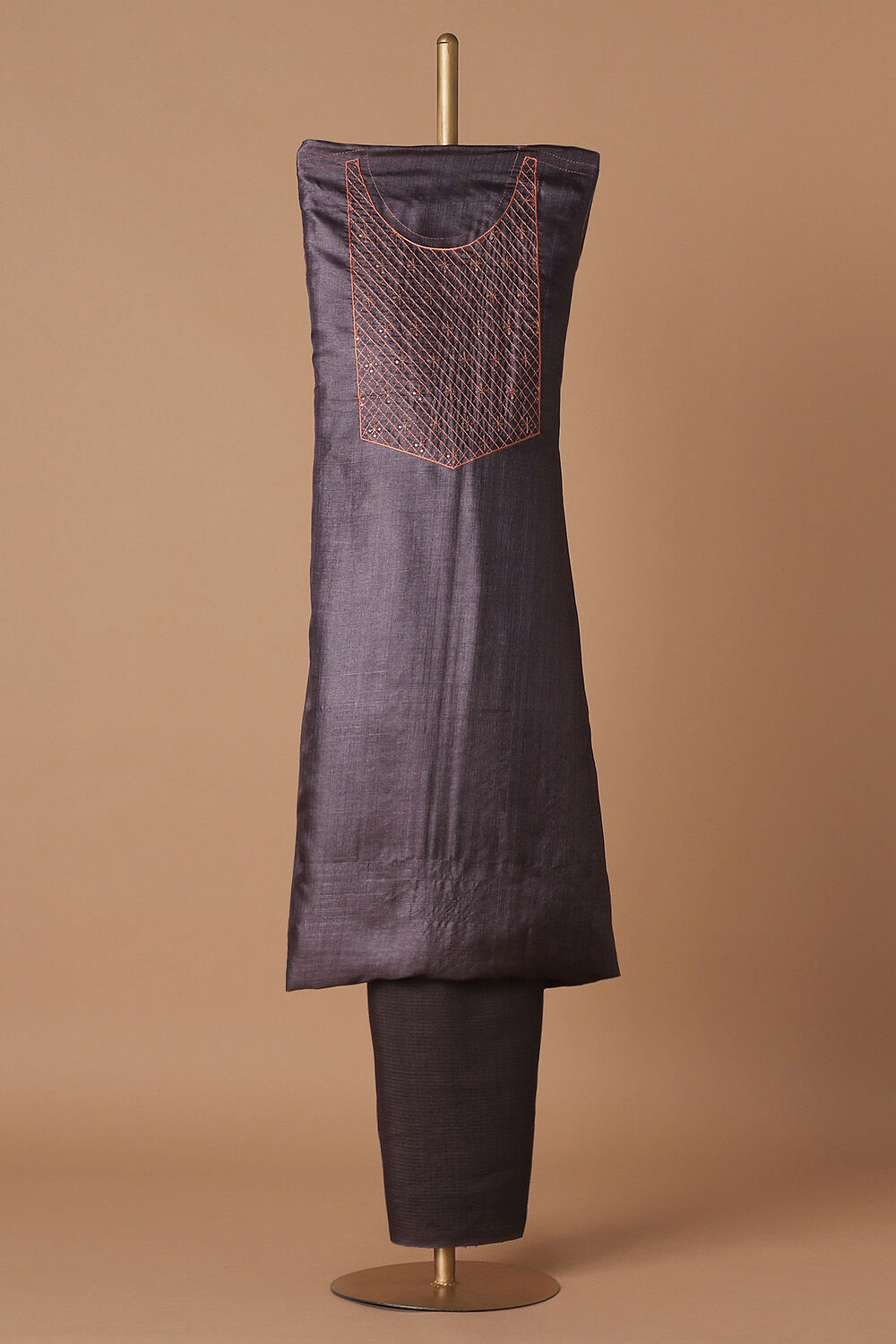 Grey Tussar Embroidered Unstitched Suit Set image number null